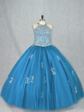 Dynamic Halter Top Sleeveless Tulle Quince Ball Gowns Beading and Appliques Lace Up