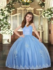 Classical Baby Blue Ball Gowns Straps Sleeveless Tulle Floor Length Lace Up Appliques Pageant Dress for Teens