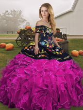 Ideal Sleeveless Organza Floor Length Lace Up Quince Ball Gowns in Fuchsia with Embroidery and Ruffles