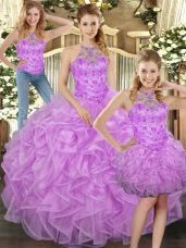 Lilac Sleeveless Tulle Lace Up Sweet 16 Dresses for Military Ball and Sweet 16 and Quinceanera