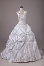 Eye-catching Taffeta Sleeveless Wedding Gowns Brush Train and Beading and Embroidery and Pick Ups