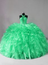 Luxury Green 15th Birthday Dress Sweet 16 and Quinceanera with Beading and Ruffles Halter Top Sleeveless Brush Train Lace Up