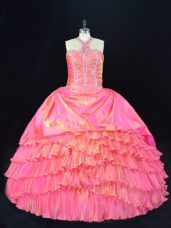 Ideal Rose Pink Halter Top Lace Up Beading and Ruffled Layers Quinceanera Dress Sleeveless