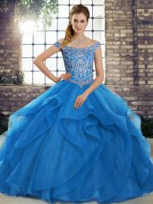 Sophisticated Blue Sleeveless Brush Train Beading and Ruffles Quince Ball Gowns