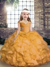 Unique Organza Straps Sleeveless Lace Up Beading and Ruffles Girls Pageant Dresses in Gold