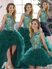 High Quality Peacock Green Quinceanera Gowns Military Ball and Sweet 16 and Quinceanera with Beading and Ruffles Scoop Sleeveless Lace Up
