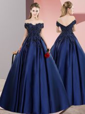Sleeveless Floor Length Lace Zipper 15 Quinceanera Dress with Navy Blue