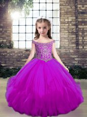 Affordable Fuchsia Tulle Lace Up Off The Shoulder Sleeveless Floor Length Little Girl Pageant Dress Beading