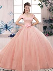 High Class Pink Short Sleeves Lace and Hand Made Flower Floor Length Sweet 16 Quinceanera Dress