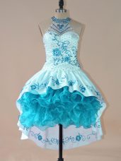 Custom Fit Aqua Blue Sleeveless Satin and Organza Lace Up for Prom and Party