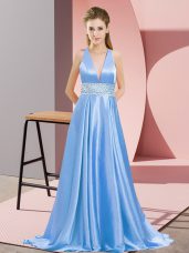 Baby Blue Backless Evening Party Dresses Beading Sleeveless Brush Train