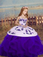 Great Sleeveless Floor Length Embroidery and Ruffles Lace Up Pageant Gowns For Girls with Purple
