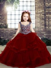 Red Tulle Lace Up High School Pageant Dress Sleeveless Floor Length Beading and Ruffles