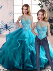 Custom Designed Aqua Blue Sleeveless Floor Length Beading and Ruffles Lace Up 15th Birthday Dress