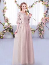 Trendy Empire Dama Dress Pink Scoop Tulle Half Sleeves Floor Length Side Zipper