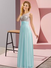Aqua Blue Sleeveless Beading Floor Length Wedding Guest Dresses