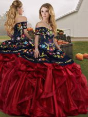Custom Designed Red And Black Sleeveless Embroidery and Ruffles Floor Length 15th Birthday Dress