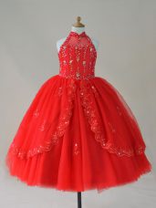 Nice Sleeveless Beading and Appliques Lace Up Kids Pageant Dress