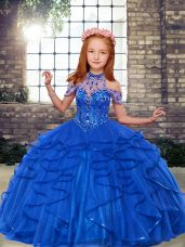 Fantastic Floor Length Lace Up Winning Pageant Gowns Blue for Party and Wedding Party with Beading and Ruffles