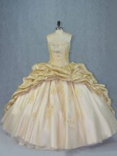 Sleeveless Beading and Appliques Lace Up Vestidos de Quinceanera with Champagne Brush Train