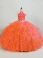 Dramatic Halter Top Sleeveless Vestidos de Quinceanera Floor Length Beading and Ruffles Orange Tulle