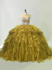 Sweet Olive Green Vestidos de Quinceanera Sweet 16 and Quinceanera with Beading and Ruffles Scoop Sleeveless Brush Train Zipper