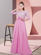Lovely Rose Pink Side Zipper Scoop Lace and Belt Dama Dress for Quinceanera Chiffon 3 4 Length Sleeve