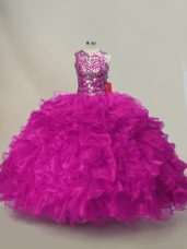 Fuchsia Ball Gowns Organza Scoop Sleeveless Ruffles and Sequins Floor Length Lace Up 15 Quinceanera Dress