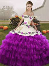 Popular White And Purple Sleeveless Embroidery and Ruffled Layers Floor Length 15 Quinceanera Dress