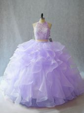 Top Selling Lavender Backless Halter Top Beading and Ruffles Sweet 16 Dresses Organza Sleeveless Brush Train