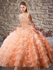 Customized Court Train Ball Gowns Sweet 16 Dress Orange Straps Organza Sleeveless Lace Up