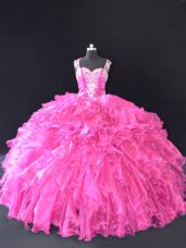 Beautiful Fuchsia Organza Lace Up Ball Gown Prom Dress Sleeveless Floor Length Beading and Ruffles