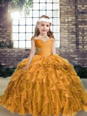 Latest Gold Ball Gowns Beading and Ruffles Kids Pageant Dress Lace Up Organza Sleeveless Floor Length