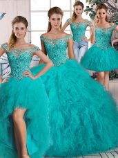 Hot Selling Tulle Off The Shoulder Long Sleeves Brush Train Lace Up Beading and Ruffles Quinceanera Gown in Aqua Blue