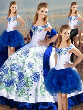 Elegant Blue And White Lace Up Quinceanera Dress Embroidery Sleeveless Floor Length