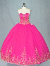 High Quality Tulle Sweetheart Sleeveless Lace Up Beading Quince Ball Gowns in Fuchsia