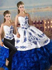 Pretty Blue And White Sweetheart Neckline Embroidery and Ruffles Sweet 16 Quinceanera Dress Sleeveless Lace Up