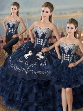 Embroidery and Ruffles 15th Birthday Dress Navy Blue Lace Up Sleeveless High Low
