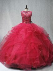 Coral Red Lace Up Scoop Beading and Ruffles Sweet 16 Dresses Tulle Sleeveless Brush Train