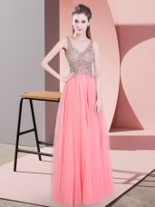 Fine Watermelon Red Sleeveless Beading Floor Length Prom Gown