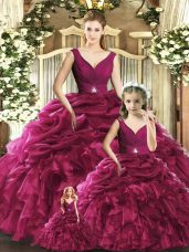 Fitting Burgundy Backless V-neck Ruffles Quinceanera Dresses Organza Sleeveless