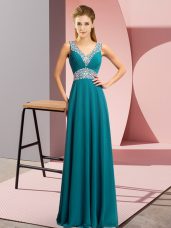 Empire Prom Evening Gown Teal V-neck Chiffon Sleeveless Floor Length Lace Up