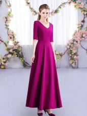 V-neck Half Sleeves Satin Dama Dress Ruching Zipper