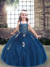 Amazing Blue Ball Gowns Straps Sleeveless Tulle Floor Length Lace Up Appliques Kids Formal Wear