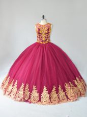 Attractive Burgundy Ball Gowns Scoop Sleeveless Tulle Floor Length Lace Up Appliques Quinceanera Dress