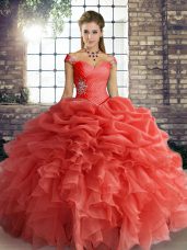 Top Selling Off The Shoulder Sleeveless Lace Up Quinceanera Dresses Orange Red Organza
