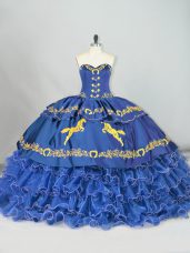 Deluxe Sweetheart Sleeveless Satin and Organza Sweet 16 Dress Embroidery and Ruffled Layers Brush Train Lace Up