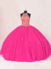 Hot Pink Ball Gowns Beading and Appliques Quinceanera Gowns Lace Up Tulle Sleeveless Floor Length