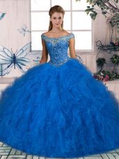 Customized Blue Sleeveless Beading and Ruffles Lace Up Ball Gown Prom Dress