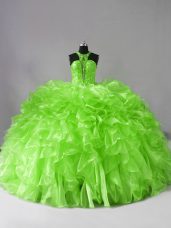 Cute Zipper Halter Top Beading and Ruffles Vestidos de Quinceanera Organza Sleeveless Brush Train